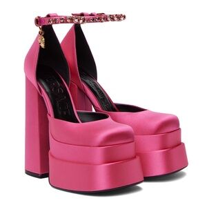 Versace Medusa Aevitas Platform Heels pink size 35.5 square toe satin block heel